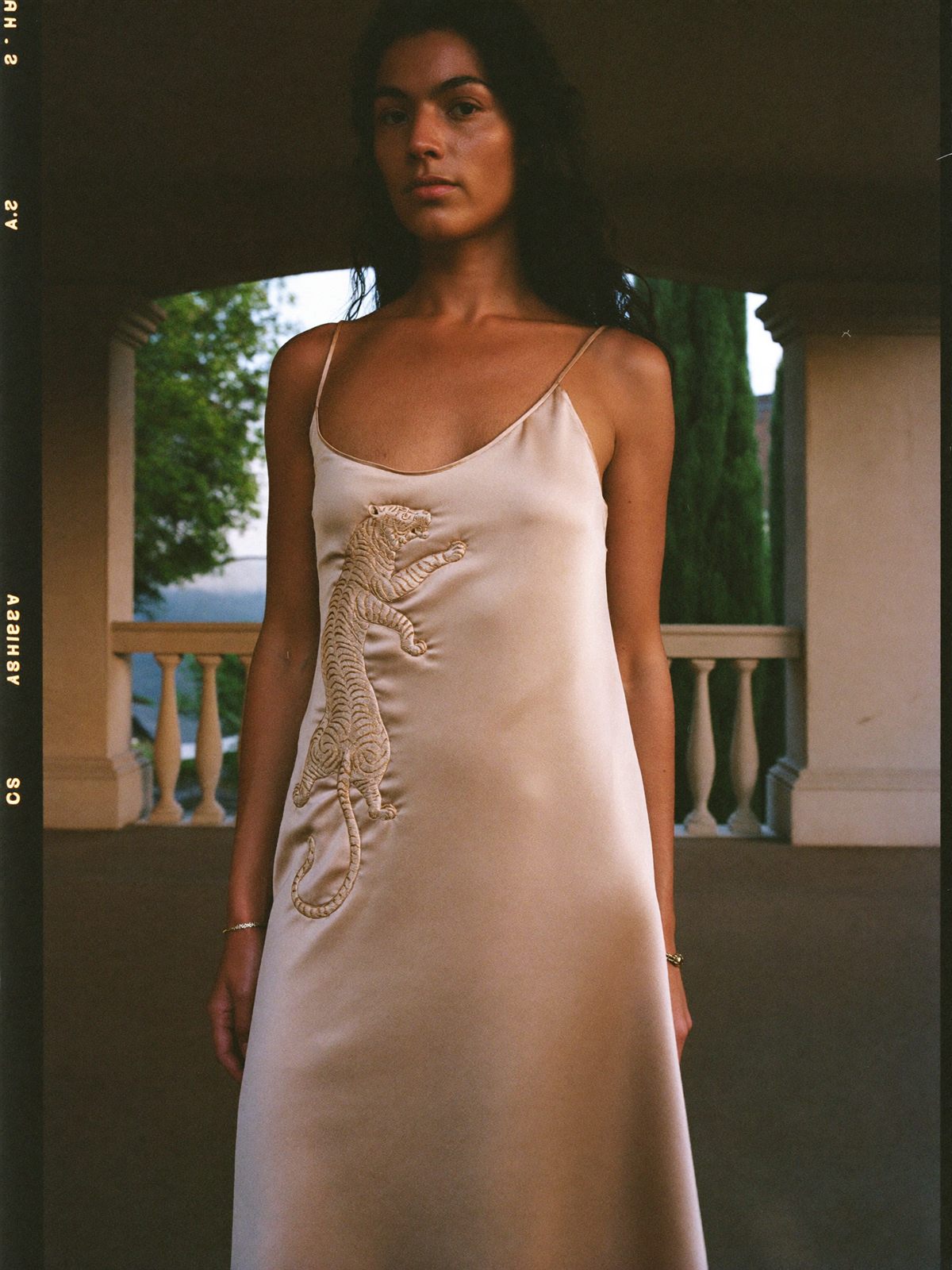 Champagne silk slip with tiger embroidery