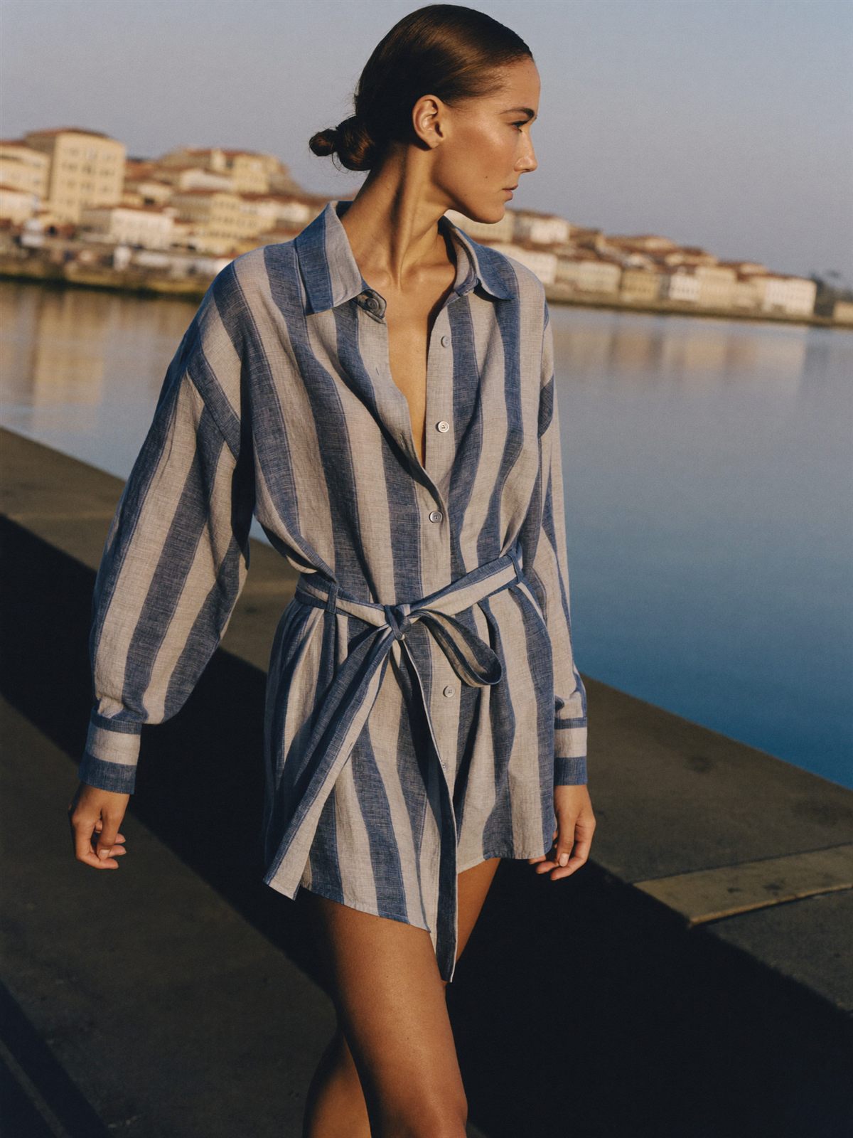Striped linen shirt dress, belted