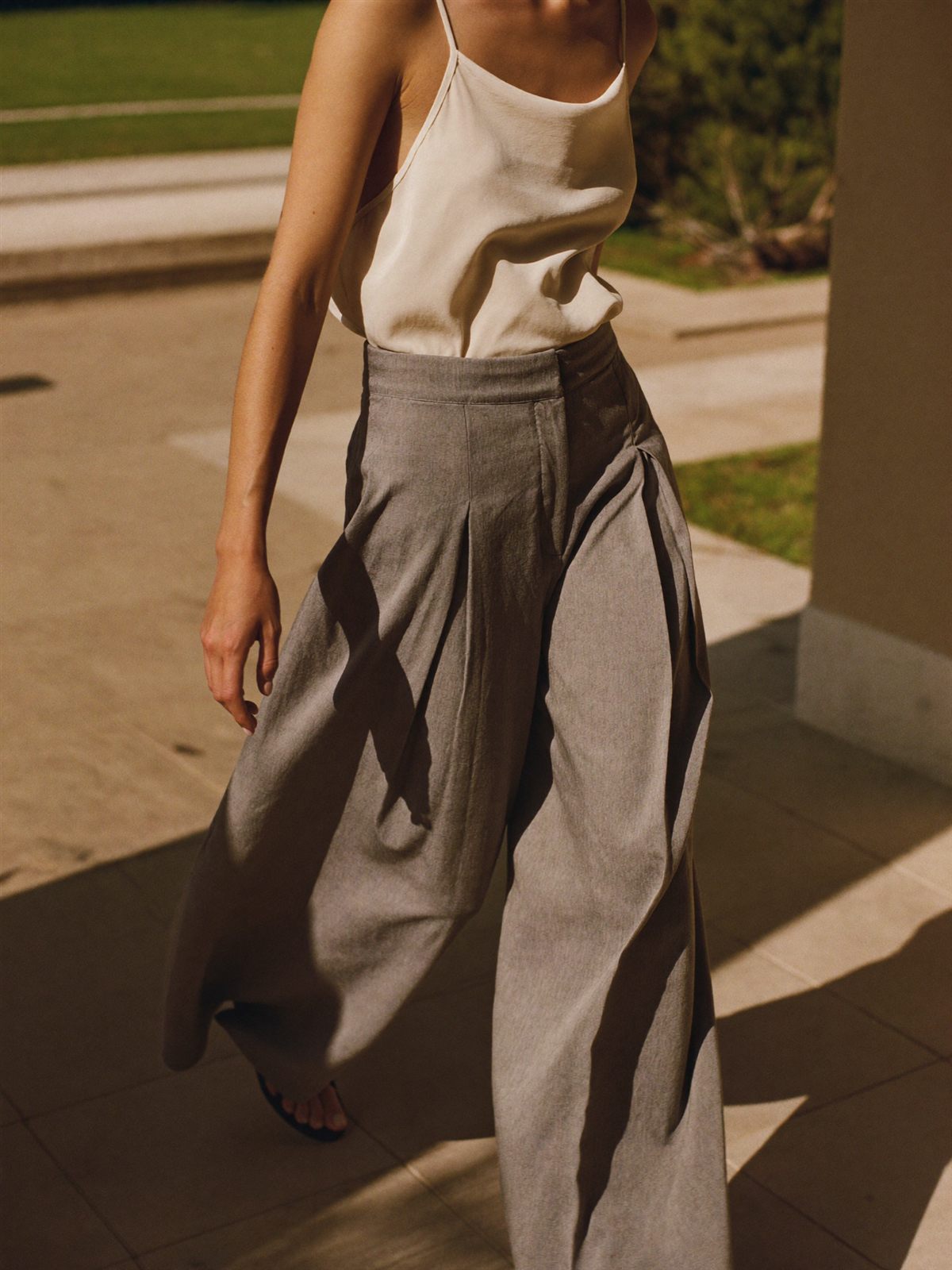 Storm-grey silk palazzo trousers
